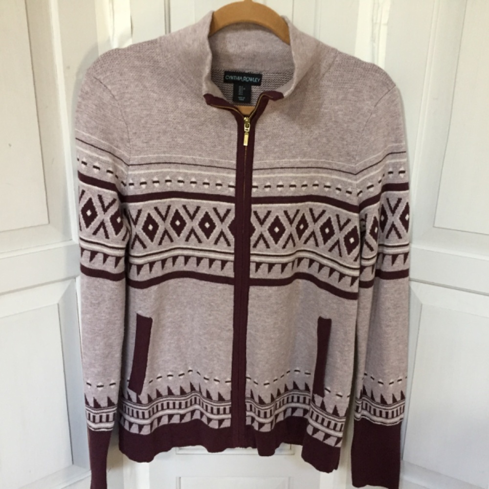Cynthia Rowley Burgundy Geometric Patterned Full Zip Sweater - Picture 2 of 16
